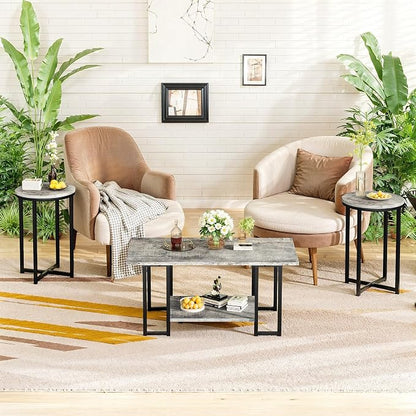 Lamerge 3 Pieces Living Room Table Set, Faux Marble Coffee Table with 2 Round End Side Tables, Coffee Table Set with Metal Frame for Apartment Home Office, Grey&Black