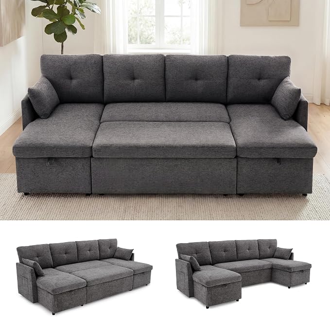 Huatean Home 100" Oversized Sleeper Sofa Couch, 2 in 1 Pullout Couch Bed with Side Pockets for Living Room, Sectional Sleeper Sofa Bed with Double Storage Chaise, Darkgrey