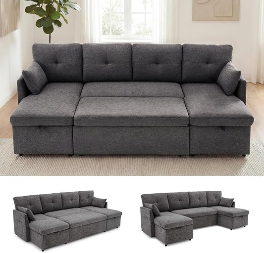 Huatean Home 100" Oversized Sleeper Sofa Couch, 2 in 1 Pullout Couch Bed with Side Pockets for Living Room, Sectional Sleeper Sofa Bed with Double Storage Chaise, Darkgrey