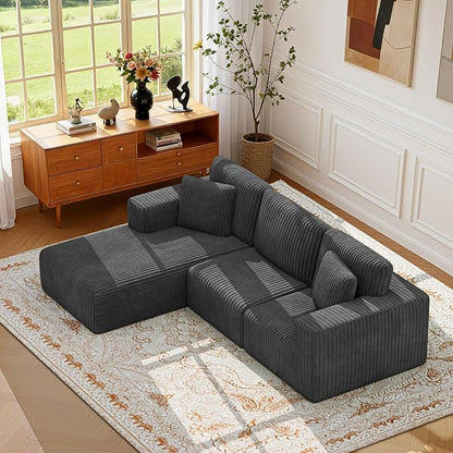 KINGYES 107'' Modular Sectional Sofa, L Shaped Cloud Couch for Living Room, Modern Plush Corduroy Boneless Sofa with Chaise for Bedroom, Gray