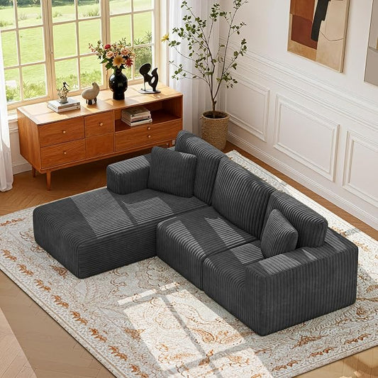 KINGYES 107'' Modular Sectional Sofa, L Shaped Cloud Couch for Living Room, Modern Plush Corduroy Boneless Sofa with Chaise for Bedroom, Gray