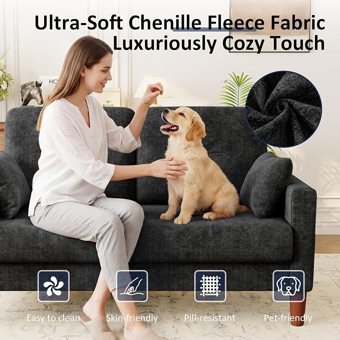 Vipbear 48" Loveseat Sofa,Modern Small Couches for Small Spaces,Black Chenille Love Seat Couch for Living Room,Bedroom,Apartment,Office,Deep Seat,Throw Pillow,Side Pockets,Square Armrest