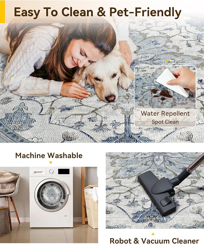 RELEANY Area Rugs Round 10ft Washable Non-Slip, Floral Vintage Distress Medallion Carpet for Living Room Bedroom Dining Room, Light Blue Navy Gray White