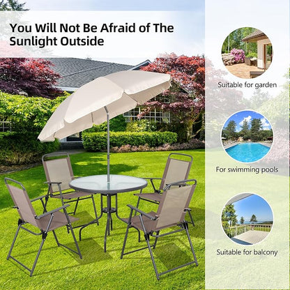 Vongrasig 6 Pieces Folding Patio Dining Set, All Weather Small Metal Outdoor Table and Chairs Set, Patio Furniture Set w/Umbrella, Glass Table & 4 Folding Chairs for Garden, Lawn, Backyard, Brown