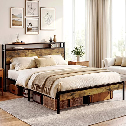 LIKIMIO Queen Size Bed Frame, Platform Bed with 2-Tier Storage Headboard | Metal Bed Frame, Solid and Stable, Noise Free, No Box Spring Needed, Easy Assembly, Durable, Industrial Brown