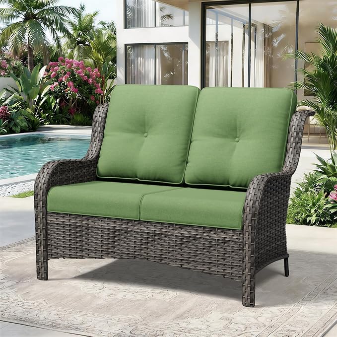 Wicker Patio Loveseat, 2 Seat Outdoor Couch with Thickened Olefin Cushions, High Back and Deep Seating, Hand-Woven PE Rattan for Porch, Deck, Balcony
