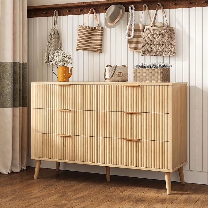 Fluted 6 Drawers Dresser for Bedroom, Wooden Wide Chest of Drawers with Metal Handle, Dresser TV Stand, Closet Storage Organizer for Entryway, Living Room, Hallway (Natural)