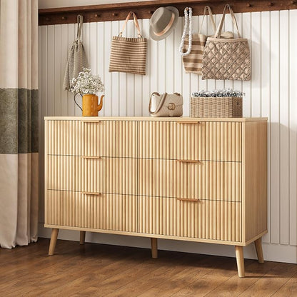 Fluted 6 Drawers Dresser for Bedroom, Wooden Wide Chest of Drawers with Metal Handle, Dresser TV Stand, Closet Storage Organizer for Entryway, Living Room, Hallway (Natural)