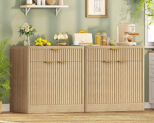 TEENFON 63" Fluted Buffet Sideboard Cabinet with Storage, Buffet Table Coffee Bar Wine Bar Storage Cabinet with Adjustable Shelf for Living Room, Kitchen, Natural