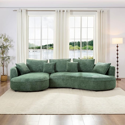 KEIKI 125" Luxury Curved Boucle Sectional Sofa with Left Chaise, Upholstered Modern Style Oversized 5-Seater Couch with Thickened Seat Cushions, Easy Assembly, for Apartment, Living Room, Green