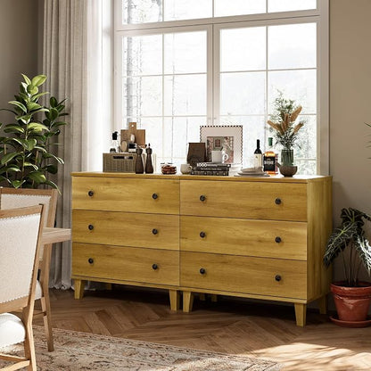Rustic Drawer Dresser with 6 Drawers 2 in 1 Storage Dressers Organizer for Bedroom, Living Roomm,Brown Oak