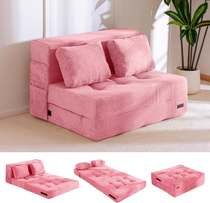 MAXYOYO Convertible Sofa Bed, Fold Out Loveseat Sofa Couch with Pillow, 4 in 1 Tufted Folding Couch Bed Foam Floor Couch, Lazy Chair for Living Room Bedroom Guest Room, Pink