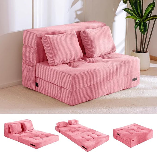 MAXYOYO Convertible Sofa Bed, Fold Out Loveseat Sofa Couch with Pillow, 4 in 1 Tufted Folding Couch Bed Foam Floor Couch, Lazy Chair for Living Room Bedroom Guest Room, Pink