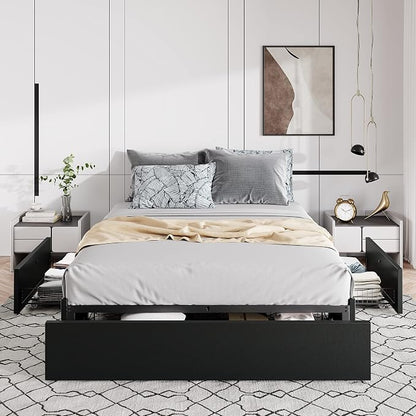 Allewie Queen Size Platform Bed Frame with 3 Storage Drawers, Fabric Upholstered, No Box Spring Needed, Metal Slats Support, Easy Assembly, Black