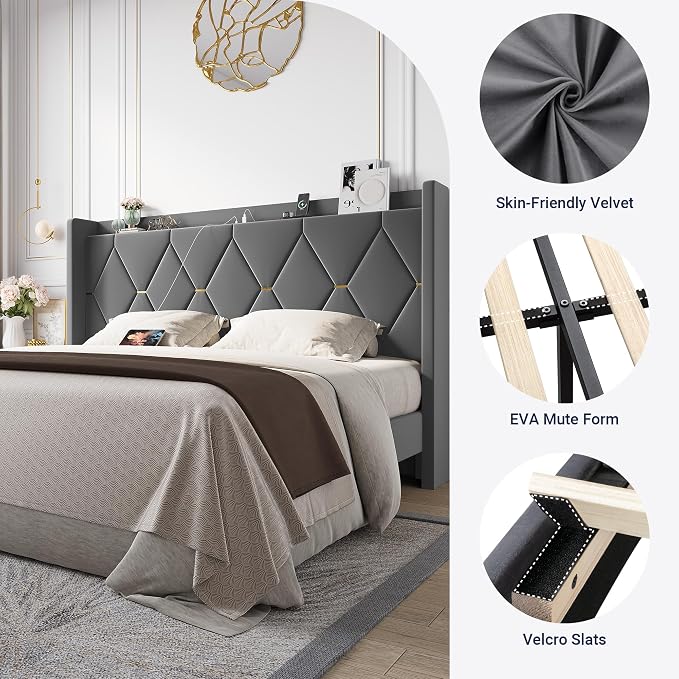 Allewie Velvet King Size Upholstered Bed Frame with Wingback Storage Headboard & Charging Station, Platform Bed with Diamond Tufted Design & Gold Trim, No Box Spring Needed, Easy Assembly, Grey