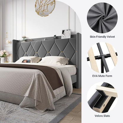Allewie Velvet King Size Upholstered Bed Frame with Wingback Storage Headboard & Charging Station, Platform Bed with Diamond Tufted Design & Gold Trim, No Box Spring Needed, Easy Assembly, Grey