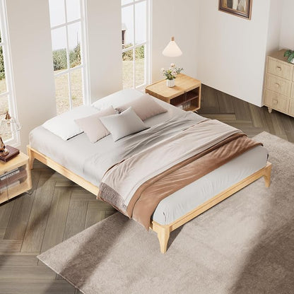 Merax Mid-Century Bamboo Platform Bed, Queen Size Bed Frame with Wood Slat Support, No Box Spring Needed, Easy Tool-Free Assembly, Natural