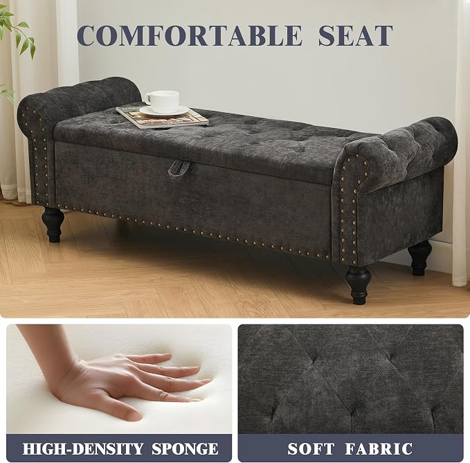 55" Storage Bench for Bedroom, Upholstered Ottoman Bench, Chenille DarkGray | End of Bed Bench for Bedroom, Window Benches for Living Room, Entryway, Ottoman with Large Storage Space, Pet Friendly