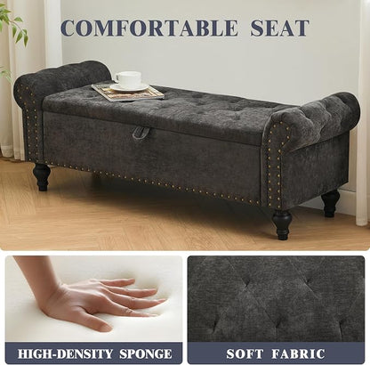 55" Storage Bench for Bedroom, Upholstered Ottoman Bench, Chenille DarkGray | End of Bed Bench for Bedroom, Window Benches for Living Room, Entryway, Ottoman with Large Storage Space, Pet Friendly