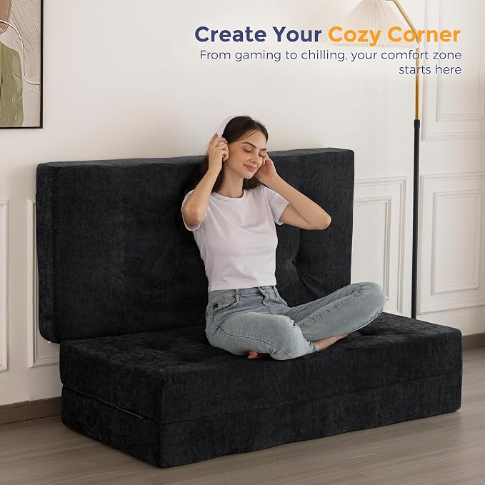 MAXYOYO 6" Folding Sofa Bed for Floor, Tufted Tri-Fold Floor Mattress with Chenille Fabric, Twin Size Portable Sofa Couch Guest Mat for Adults, Foldable Topper for Camping, Black, 35.4"x75"