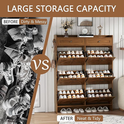 Shoe Cabinet with 6 Flip Drawers & 2 Top Drawers, 57" Tall Freestanding Narrow Wooden Shoe Storage Organizer for Entryway, Hidden Slim Shoe Rack for Front Door Entrance, Hallway, Living Room, Walnut