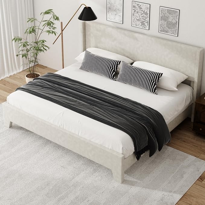 King Bed Frame with Faux Leather Upholstered Headboard, Wear-Resistant, Easy Clean, Mattress Foundation, No Box Spring Required, Easy Assembly, Beige
