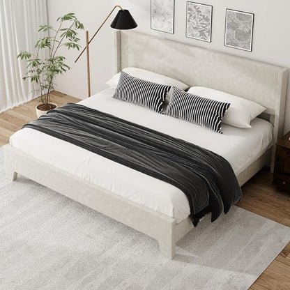 King Bed Frame with Faux Leather Upholstered Headboard, Wear-Resistant, Easy Clean, Mattress Foundation, No Box Spring Required, Easy Assembly, Beige