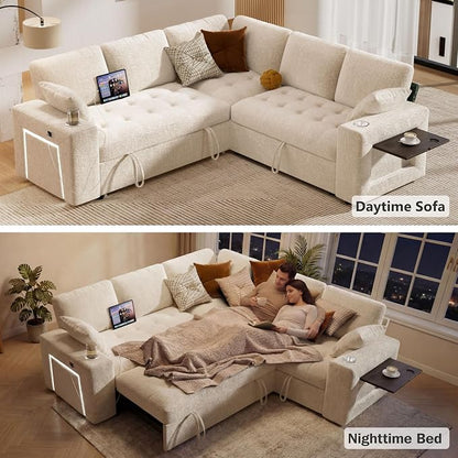 Vipbear 86" Modular Sectional Sleeper Sofa with Pull Out Bed, 5 Seat Chenille L Shaped Couch with USB Ports|Cup Holders|Side Table|Storage Loveseat, Tool Free Assembly, Beige