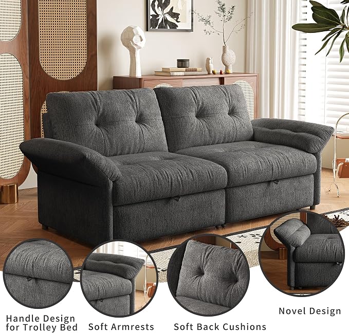 81.5'' Full Sleeper Sofa, Pre-Assembled, Chenille Pull Out Couches Bed, 3-in-1 Convertible Sofa, Adjustable Backrest, Small Loveseat for Small Space, Living Room, Apartment, Chenille Grey