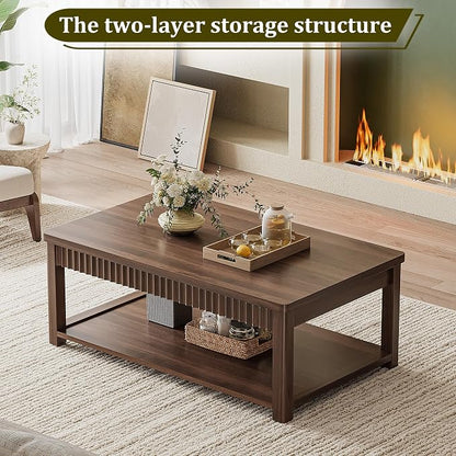 Homkdom Modern Coffee Table, 2-Tier Storage Shelf, Walnut | Wave-Edge, Kids Friendly Rounded Corners