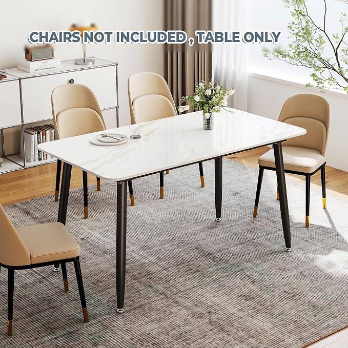 55" White Glossy Rectangular Sintered Stone Dining Table With Metal Legs | Versatile kitchen furniture for indoor and outdoor placement, matched with adjustable silent foot pads.