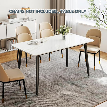 55" White Glossy Rectangular Sintered Stone Dining Table With Metal Legs | Versatile kitchen furniture for indoor and outdoor placement, matched with adjustable silent foot pads.