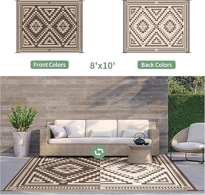 GENIMO Outdoor Rug for Patio Clearance - 8x10 ft Waterproof Plastic Camping Rugs, Reversible Outside Rv Mat Carpet for Porch, Deck, Picnic, Balcony, Beach, Backyard, Coffee Beige
