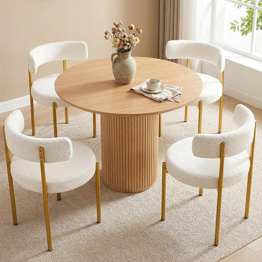 Boucle Dining Chairs Set of 4, White Dining Chairs with Upholstered Seat and Gold Legs, Mid-Century Modern Kitchen Chairs for Dining Room, Restaurant