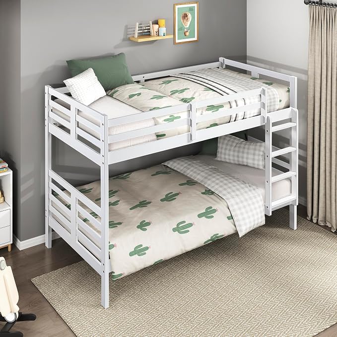 Lexicon Bunk Bed Twin Over Twin, Wooden Bed Frame with Sturdy Ladder and Safety Guard Rails, Modern Space-Saving Design, for Bedroom/Guest Room, No Box Spring Needed, White