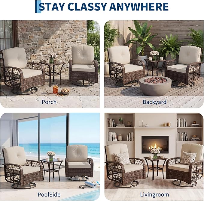 3 Pieces Patio Furniture Set, Outdoor Swivel Glider Rocker Set w/Washable Cushion and Tempered Glass Tabletop, Conversation Furniture for Deck Porch Balcony Backyard Garden,Brown & Beige