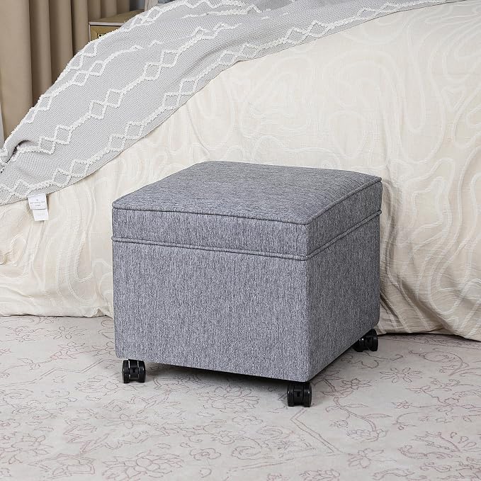 Adeco 17.5 Inch Square Storage Ottoman with Wheels, Modern Linen Upholstered Footrest Stool & Coffee Table with Flip Top Lid, Rolling Footstool for Living Room & Bedroom, Grey