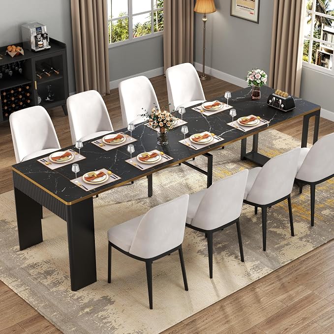 Extendable Dining Table, Transformer Folding Console Table for 2-8 People, 17"-112" Space Saving Dining Room Table, Wood Black Faux Marble Dining Table, Kitchen and Dining Room Furniture (No Chairs)