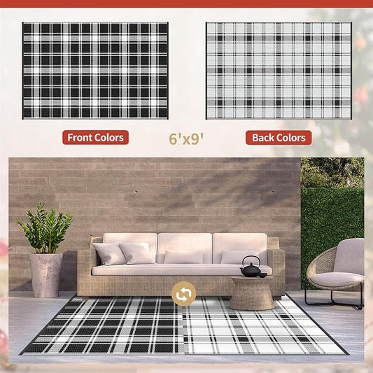 GENIMO Waterproof Outdoor Rug for Patio Clearance, 6'x9' Reversible Plastic Straw Rugs, Lightweight RV Camping Mat for Camper, Balcony, Deck, Backyard, Picnic, Black White Plaid