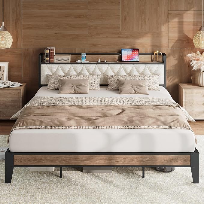 ANCTOR California King Bed Frame, Storage Headboard with Charging Station, Platform Bed Frame with Strong Metal Support, Sturdy & Stable, Noise Free, No Box Spring Needed, Easy Assembly,Wood and Cream