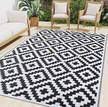 Smiry Waterproof Outdoor Rug 9X18 ft, Reversible Plastic Straw Patio Camping Rugs, Outdoor Indoor RV Mat Carpet for Patio, Outside Entry, Backyard, Deck, Bench, Picnic, Camper, Black & White
