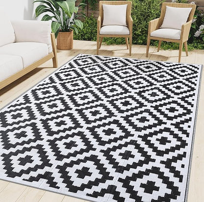 Smiry Waterproof Outdoor Rug 10X14 ft, Reversible Plastic Straw Patio Camping Rugs, Outdoor Indoor RV Mat Carpet for Patio, Outside Entry, Backyard, Deck, Bench, Picnic, Camper, Black & White