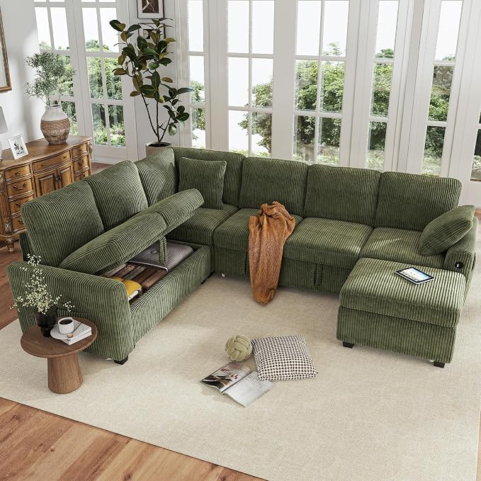Hanherry Sectional Couch with Pull Out Sofa Bed,Corduroy Sleeper Sofa with Storage Ottoman & USB Charging,Comfy L Shaped Modular Couches for Living Room,Apartment