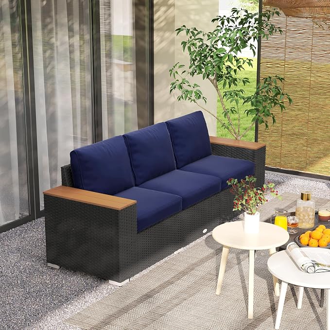 Outsunny 3-Seat Outdoor Patio Sofa with 24.5" Extra Wide Deep Seats, PE Wicker Sofa with Wide Wood Effect Armrests and 4" Cushions, Rattan Outdoor Couch for Porch, Garden, Poolside, Navy Blue