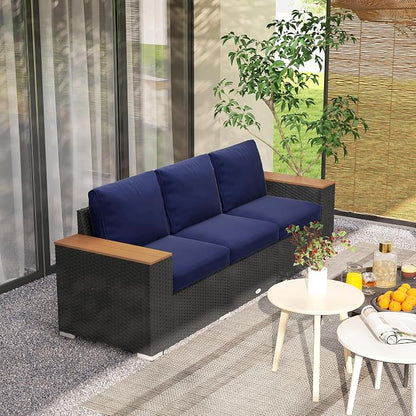 Outsunny 3-Seat Outdoor Patio Sofa with 24.5" Extra Wide Deep Seats, PE Wicker Sofa with Wide Wood Effect Armrests and 4" Cushions, Rattan Outdoor Couch for Porch, Garden, Poolside, Navy Blue