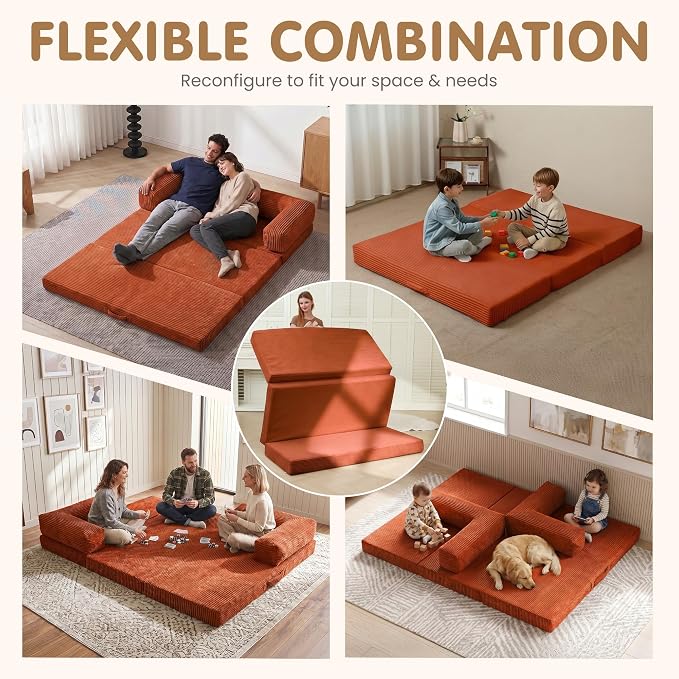 Convertible Sofa Bed Queen,5-in-1 Boneless Couch with Removable Armrests & Handle,Corduroy Futon Sleeper Sofa,Floor Folding Mattress Pull Out Bed for Small Space Apartment Living Room Bedroom,Orange