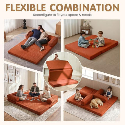 Convertible Sofa Bed Queen,5-in-1 Boneless Couch with Removable Armrests & Handle,Corduroy Futon Sleeper Sofa,Floor Folding Mattress Pull Out Bed for Small Space Apartment Living Room Bedroom,Orange