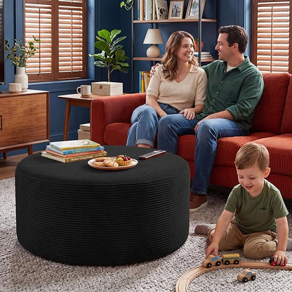 BSHOMGI Round Coffee Table Ottoman for Corduroy Cloud Sectional Couches in a Box Memory Foam Compressed Pouf Footstool Rest for Living Room, Bedroom, Makeup Room No Assembly Require(Black, 27.6")