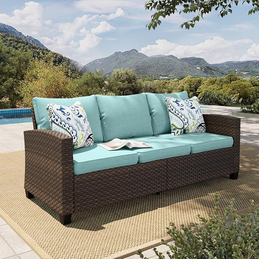 HERA'S HOUSE Outdoor Patio Sofa, 3-Seat Wicker Couch Loveseat, Deep Seating Furniture for Lawn Garden Porch Backyard, Blue