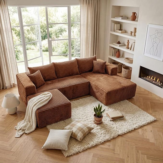 92.5'' U-Shaped Boneless Couches, Sectional Sofa with Deep Seat with Ottoman, Corduroy Modular Sectional Sofa, Convertible Cloud Couch with Oversized Deep Seats No Assembly Needed